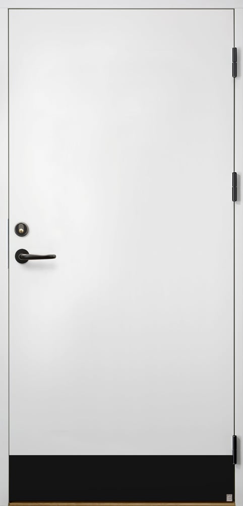 Ekstrands exterior door Slät 100, Options: black hinges, black kicking plate, FSB handle 1023 black 