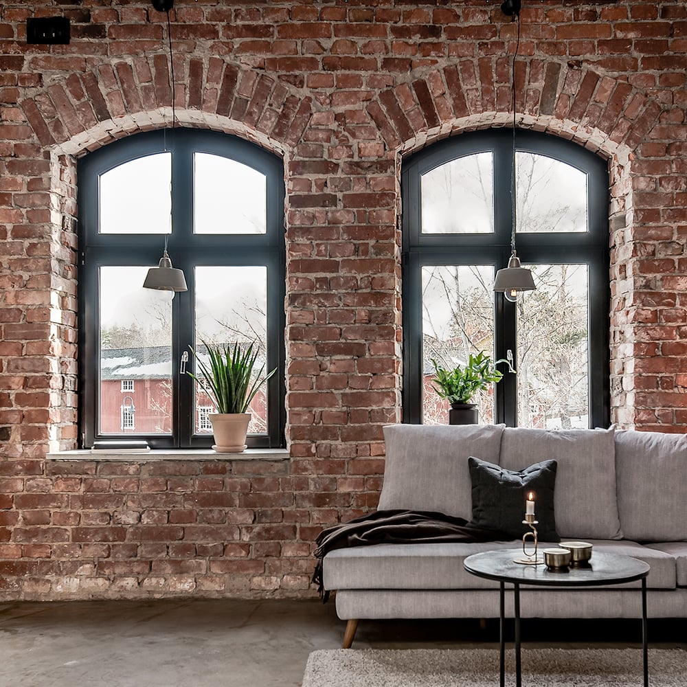 Inward-opening black wooden windows, 4-sash, with semi-circular top