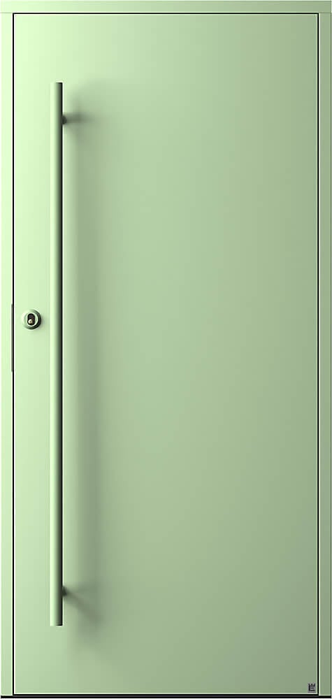 Exterior door Slät 100, optional: Color RAL 6019 on door, pull handle and cylinder accessories, hidden hinges