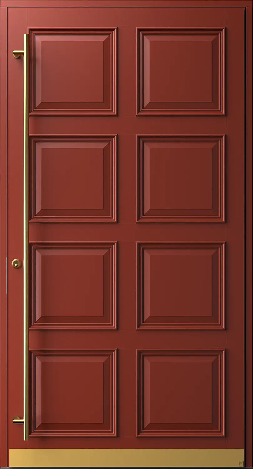 Mayfair 830, option: size M14x26, colour Swedish red, concealed hinges, pull handle and kick plate in brass.